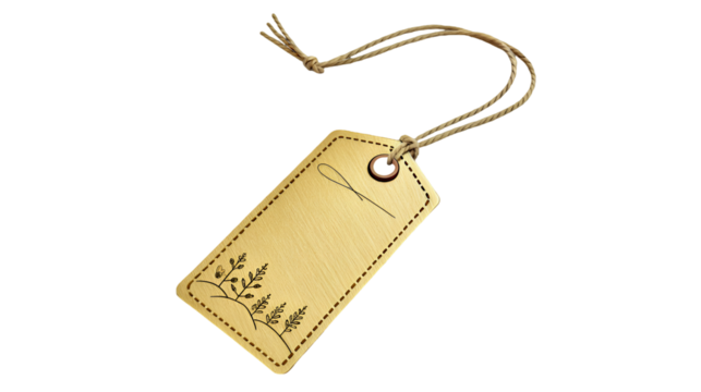 A blank wooden gift tag with a natural twine string and a simple botanical illustration isolated on a black background