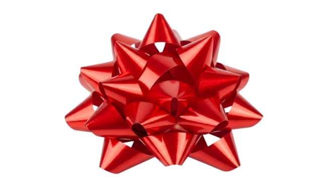 A single, spiky red gift bow made of shiny ribbon
