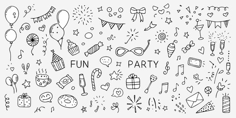 Collection of hand drawn party elements and decorations with fun party text
