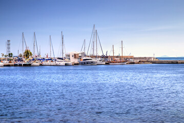 Nessebar harbor with yachts and boats in a beautiful sunny day in Nessebar, Bulgaria, Europe