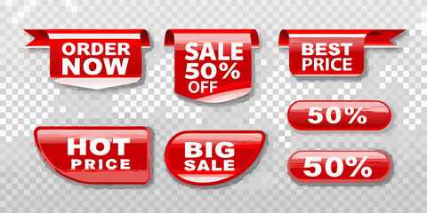 Collection of red sale tags and banners with text like order now sale 50 off best price hot price big sale