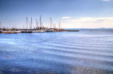Nessebar harbor with yachts and boats in a beautiful sunny day in Nessebar, Bulgaria, Europe