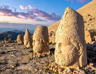 Stone heads of ancient figures stand on a mountain under a colorful, cloud-filled sky at sunset. The landscape is rocky