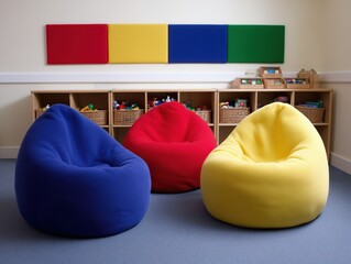 Colorful beanbag chairs and decorative panels add vibrancy to an inviting play or study area, perfect for comfort and creativity.