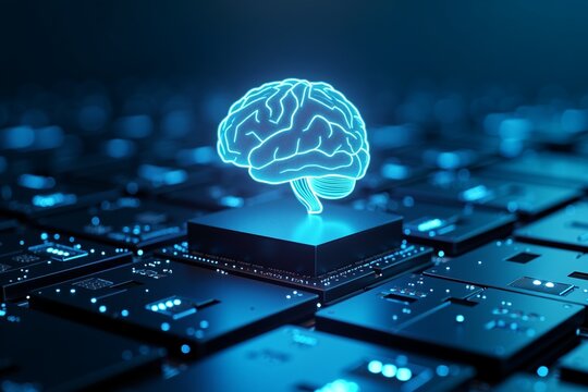 Neon brain hovers above glowing chip on futuristic keyboard, symbolizing AI and tech innovation in dark blue digital space.