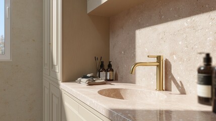 A modern bathroom setup, focusing on a stylish golden faucet, a round sink, and essential toiletries arranged to create a minimalist scene.