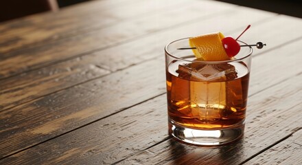 Classic Cocktail on Rustic Wood: An exquisite cocktail, artfully garnished, rests elegantly on a weathered wooden surface, inviting indulgence and offering a moment of sophisticated refreshment.