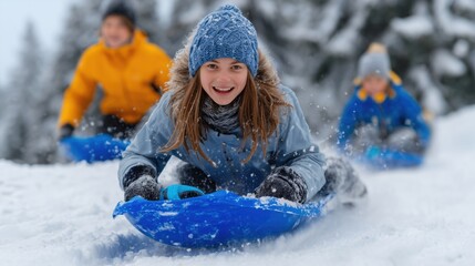 A joyful child glides down a snowy hill on a sled, their face lighting up with unbridled glee as they embrace the winter chill with friends.