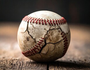 A close-up shot of a weathered baseball, showing cracks and worn leather. Red stitching is visible. The ball rests on wood