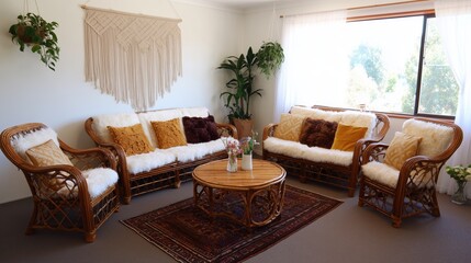 A warm and inviting living room exudes a cozy atmosphere, filled with natural light, stylish rattan furniture, and charming decorative elements.