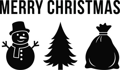 Merry Christmas snowman, tree, and Santa bag silhouette design
