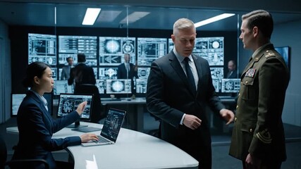 Inside room, people converse at a desk with computer displays and monitors