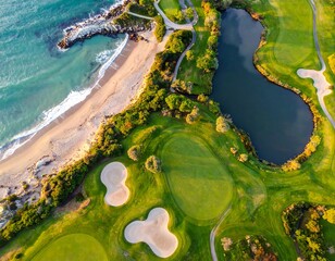Aerial view of a lush green golf course nestled by the coast