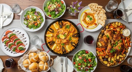 Gastronomic Feast: A bird's-eye perspective on a vibrant table setting, displaying a diverse array of culinary delights. From fresh salads and paella to roasted chicken and artisan bread.