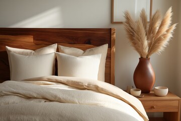 A serene bedroom scene with a minimalist aesthetic, featuring a cozy bed adorned with soft bedding and pillows, complemented by warm wooden furniture and a vase of decorative grasses.