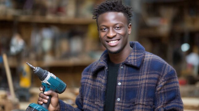 A skilled craftsman with a warm smile, holds a power drill in his workshop, embodying dedication to his craft, and ready to create.
