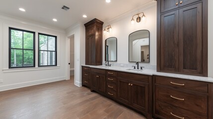 A meticulously designed master bathroom exudes modern elegance and practical comfort, The room is a sanctuary, showcasing exquisite craftsmanship and attention to detail.