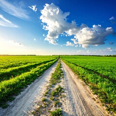 A sunlit, verdant landscape with a long road
