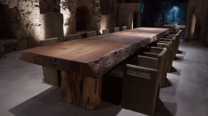 An expansive, handcrafted wooden table commands the center of a spacious room, showcasing raw elegance, enhanced by surrounding stone walls.