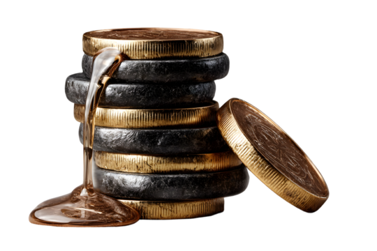 Gold coins stacked with liquid pouring down, symbolizing wealth, finance, and economic growth