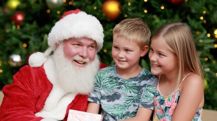 A heartwarming Christmas moment unfolds as Santa Claus shares a joyful scene with two children, captured in a heartwarming photo, the spirit of the season alive.