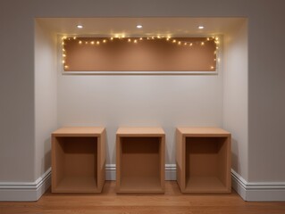 Elegant minimalist interior design with three wooden display cubes and warm string lights. Capturing the aesthetic appeal of a modern, well-lit space.