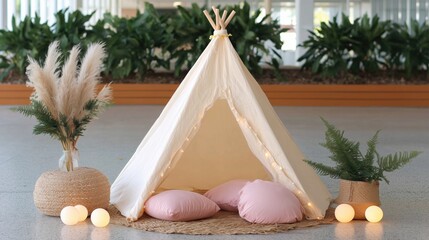 A cozy indoor teepee setup, with soft pillows and ambient lighting, is a charming and inviting space.