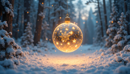 Glowing Christmas ornament hanging in a snowy forest magical winter scene perfect for holiday backgrounds and seasonal designs