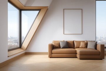 An elegant, minimalist living room with a modern sofa and blank art frame near a large window, creating a serene and sophisticated space.