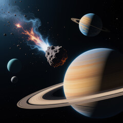 A large comet flies past planets in space.