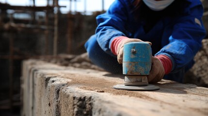 A construction worker expertly grinds a concrete block with focused precision, highlighting the raw essence of construction work.