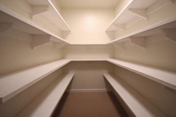 A clean and well-organized storage space with bright, uncluttered shelves.