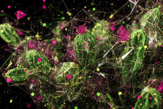 Abstract cactus cluster with geometric, neon overlay on black