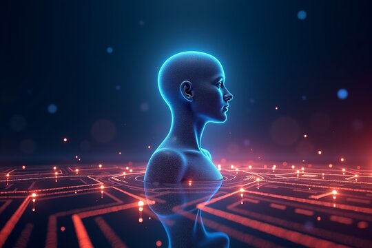 Blue human silhouette with glowing circuit lines, futuristic tech integration concept. Digital neural network overlay on head and shoulders.