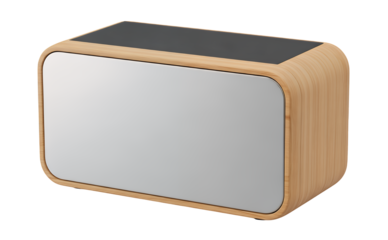 Sleek, modern portable wireless speaker with a light wooden frame and metallic grille, ideal for contemporary audio, perfectly isolated on a clean transparent background