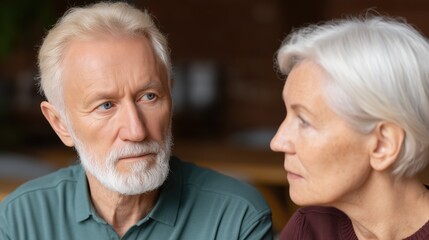 A portrait of a senior couple. Close-up shot showing them in the moment. The look of care and deep connections in their eyes.
