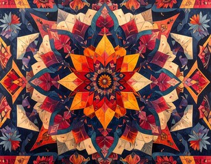 Symmetrical floral composition, a kaleidoscope of warm hues in a vibrant, intricate design