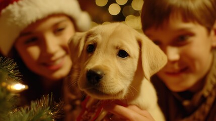 A heartwarming scene of two children embracing the joy of Christmas. Their eyes shine with excitement as they hold a cute puppy with christmas decor. 