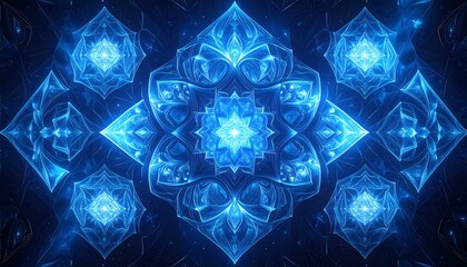 Symmetrical composition featuring intricate, glowing blue floral-like geometric patterns with radiant, central details. Background subtly dark