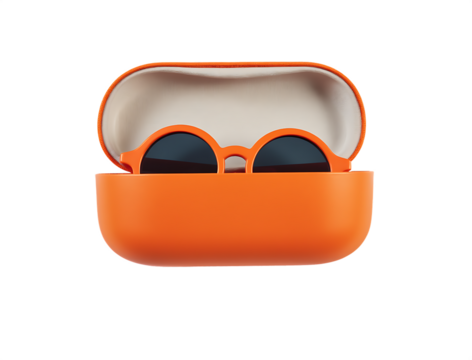 Orange sunglasses case with sunglasses isolated on transparent background isolated on white background