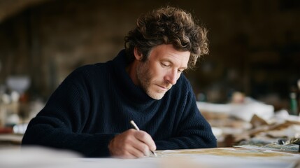 A focused artist meticulously crafts his masterpiece, capturing every detail with precision and passion.