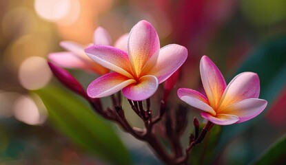 Fototapeta premium Close up of pink and yellow plumeria flowers blooming in sunlight.