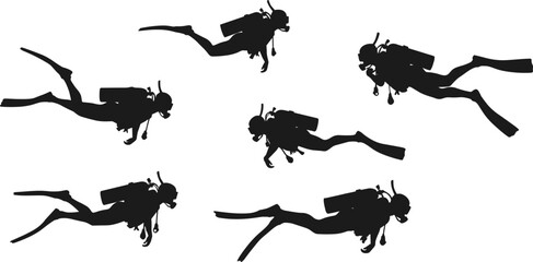 Scuba divers underwater silhouette vector illustration, deep sea diving adventure, marine life exploration, ocean sport activity, snorkeling and underwater exploration design for digital art © MstBeauti