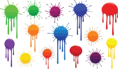 Colorful paint splatters and drips isolated on transparent background
