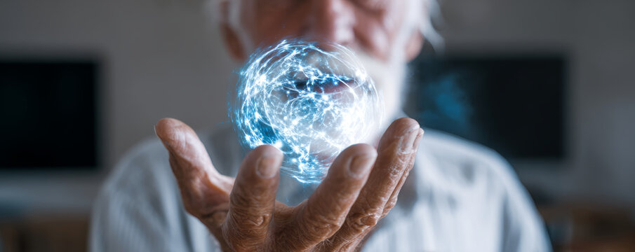 Elderly man holding glowing sphere futuristic energy holographic light science concept innovation technology magic wonder curiosity focus
