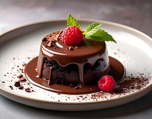 A decadent dessert features a chocolate cake coated in rich ganache, adorned with raspberries and mint leaves, served on a white plate