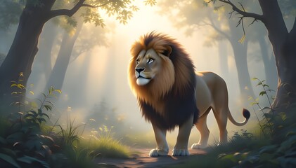 Majestic lion with full mane standing on forest path in sunlit, lush greenery