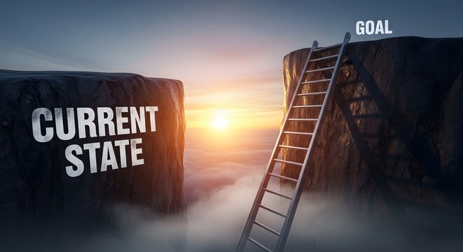 Ladder bridging a chasm from current state to goal with sunrise