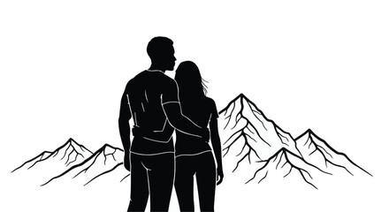 Couple embracing and looking at majestic mountain peaks in silhouette, symbolizing togetherness and adventure.