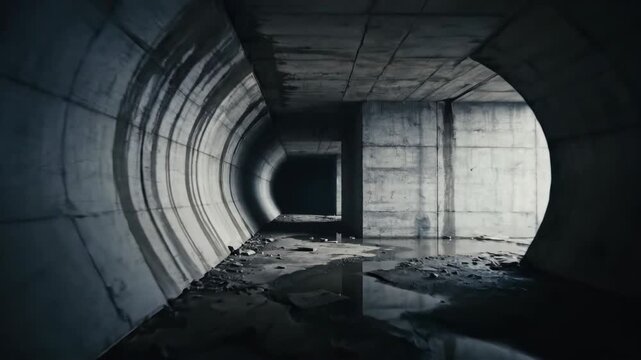 Eerie and abandoned concrete circular tunnel with puddles of water on the floor, suggesting forgotten infrastructure or a post-apocalyptic setting.